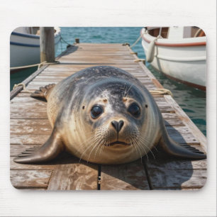 Cute Seal Laying on Boat Dock Ocean Pier Mouse Mat