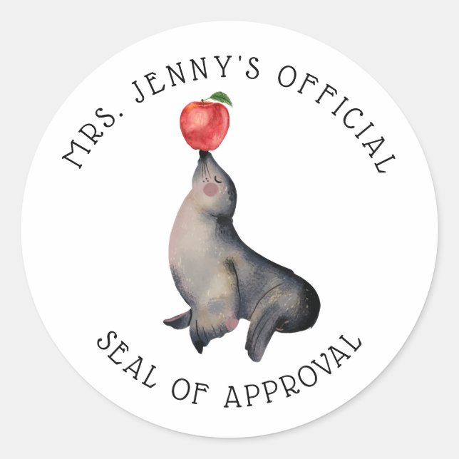 Cute "Seal of Approval" Personalised Teacher's Classic Round Sticker (Front)