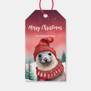 Cute Seal sea lion Santa Christmas party Snow kids Gift Tags