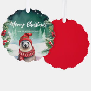 Cute seal sea lion Santa Xmas Holiday Party Family Tree Decoration Card