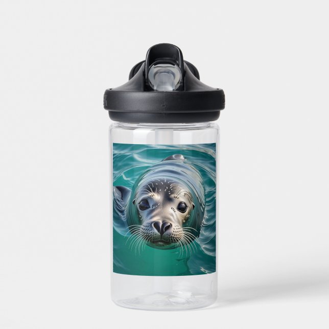 Cute Seal Sticking Head out of Water Personalised Water Bottle (Front)