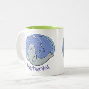 Cute sealion and fish cartoon illustration Two-Tone coffee mug