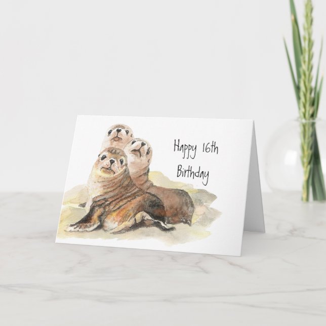 Cute Seals 16th Birthday Watercolor Animals Card (Front)