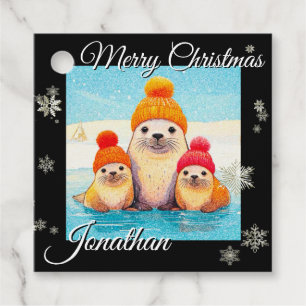 Cute seals with knitted hat Christmas illustration Favour Tags