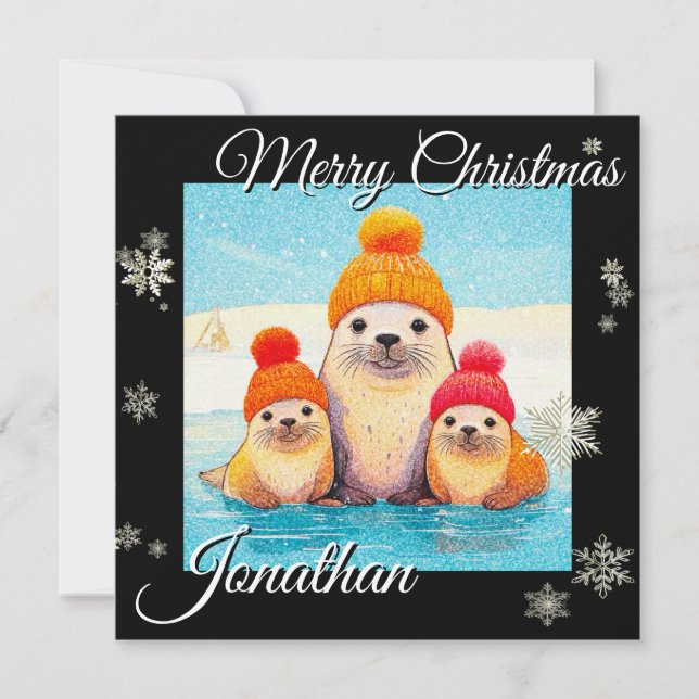 Cute seals with knitted hat Christmas illustration Holiday Card (Front)