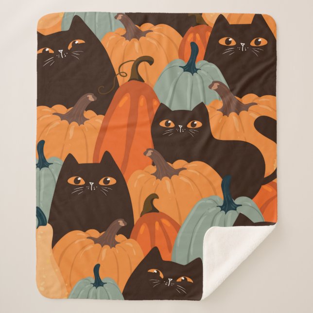 Cute seamless pattern with black cats and pumpkins sherpa blanket (Front)