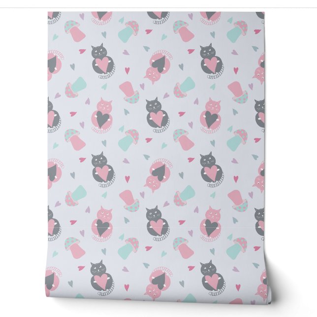 cute seamless pattern with cats and mushrooms wallpaper (Unrolling)