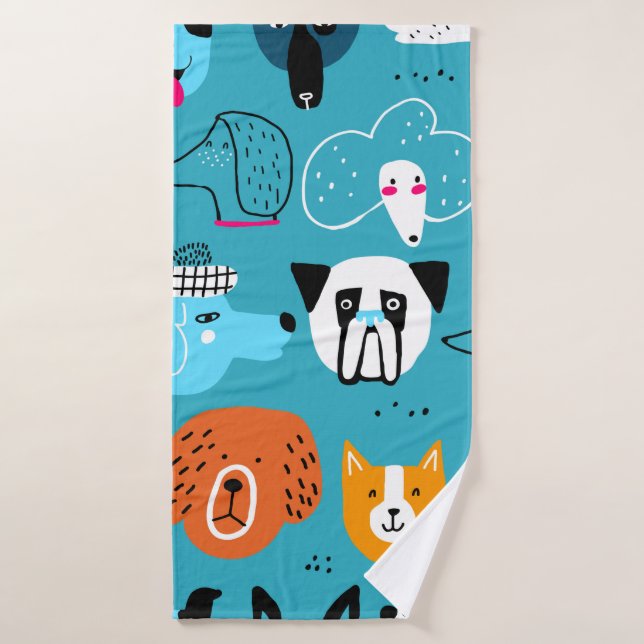 Cute seamless pattern with funny dogs on a blue ba bath towel (Bath Towel)