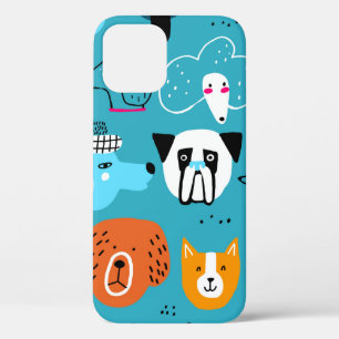 Cute seamless pattern with funny dogs on a blue ba iPhone 12 case