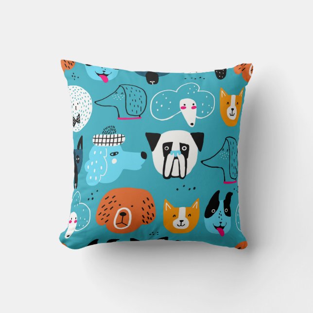 Cute seamless pattern with funny dogs on a blue ba cushion (Front)
