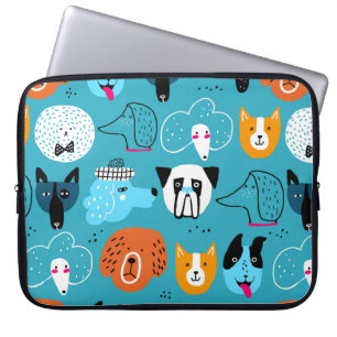 Cute seamless pattern with funny dogs on a blue ba laptop sleeve