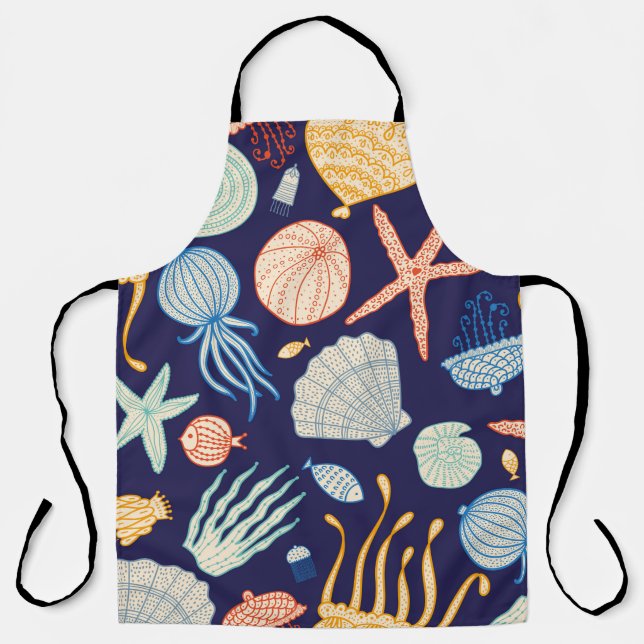 Cute seamless pattern with jellyfish, shells, fish apron (Front)