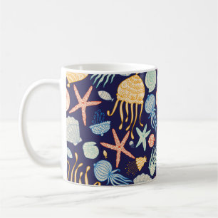 Cute seamless pattern with jellyfish, shells, fish coffee mug