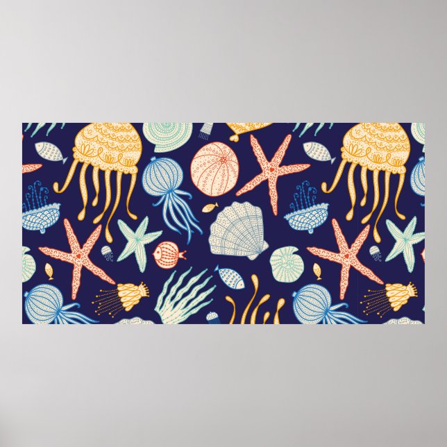 Cute seamless pattern with jellyfish, shells, fish poster (Front)