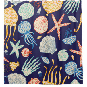 Cute seamless pattern with jellyfish, shells, fish shower curtain