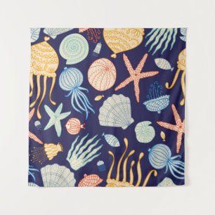 Cute seamless pattern with jellyfish, shells, fish tapestry