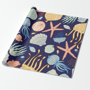 Cute seamless pattern with jellyfish, shells, fish wrapping paper