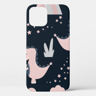Cute seamless pattern with pink dinosaurs on a dar iPhone 12 case