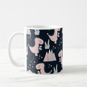 Cute seamless pattern with pink dinosaurs on a dar coffee mug