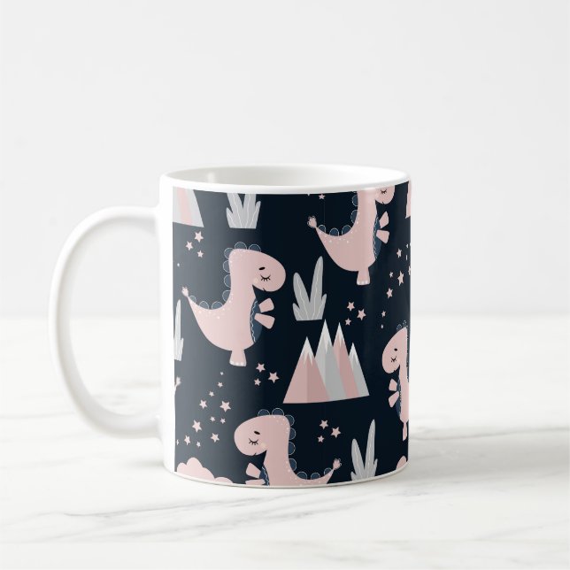 Cute seamless pattern with pink dinosaurs on a dar coffee mug (Left)