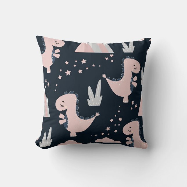 Cute seamless pattern with pink dinosaurs on a dar cushion (Front)
