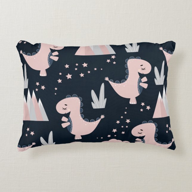 Cute seamless pattern with pink dinosaurs on a dar decorative cushion (Front)