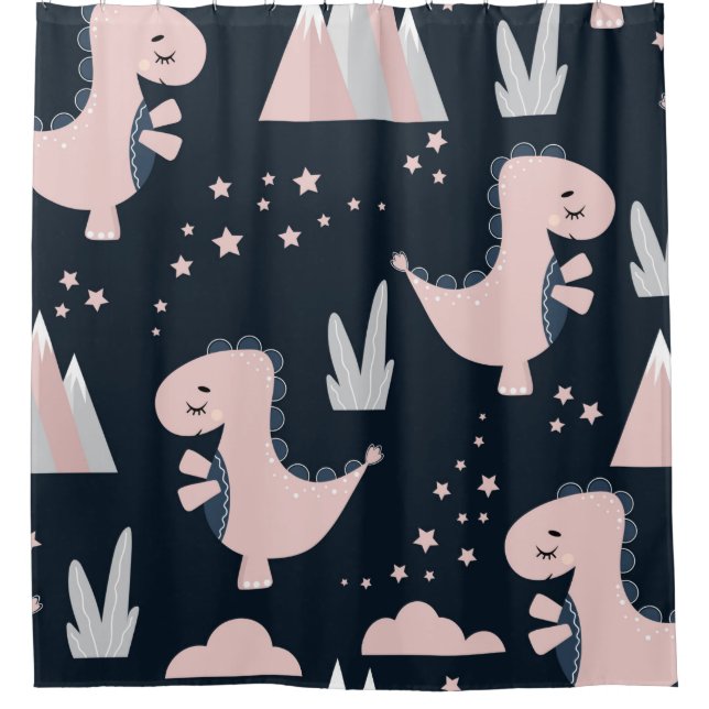 Cute seamless pattern with pink dinosaurs on a dar shower curtain (Front)