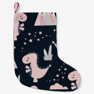 Cute seamless pattern with pink dinosaurs on a dar small christmas stocking