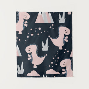 Cute seamless pattern with pink dinosaurs on a dar tapestry