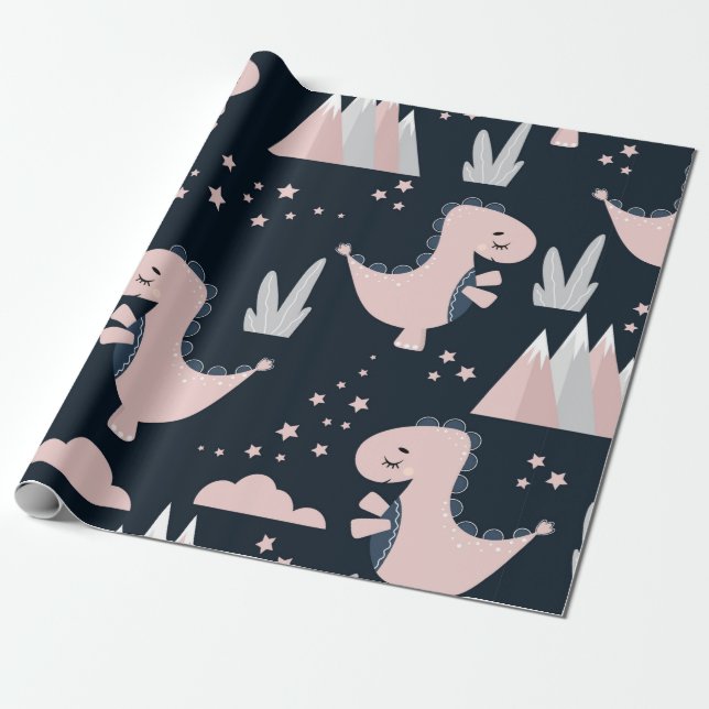 Cute seamless pattern with pink dinosaurs on a dar wrapping paper (Unrolled)