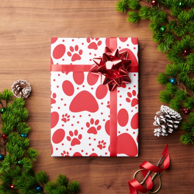 Cute Seamless Red Paw Print Holiday  Wrapping Paper (Holiday Gift)