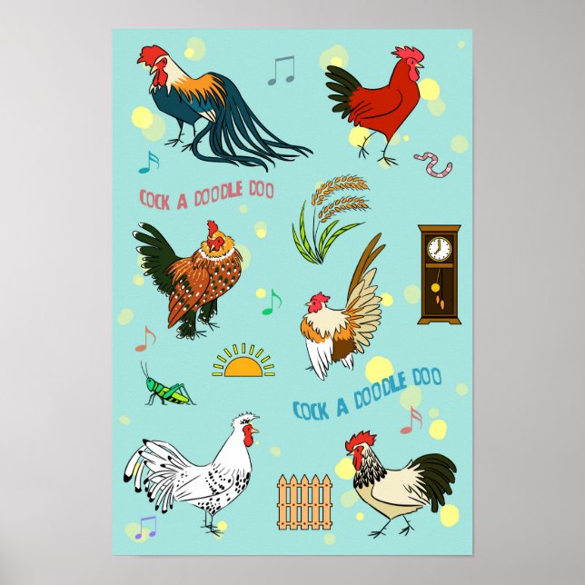 Cute seamless roosters pattern cartoon poster (Front)