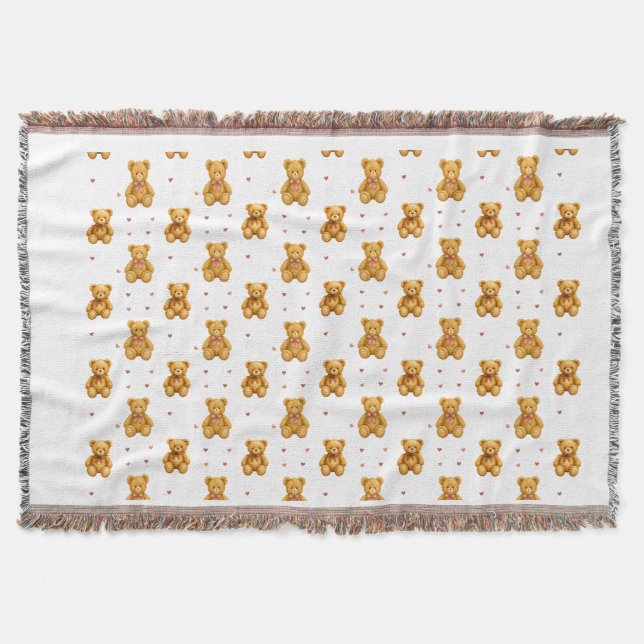 Cute Seamless Teddy Bear and Hearts Pattern Throw Blanket (Front)