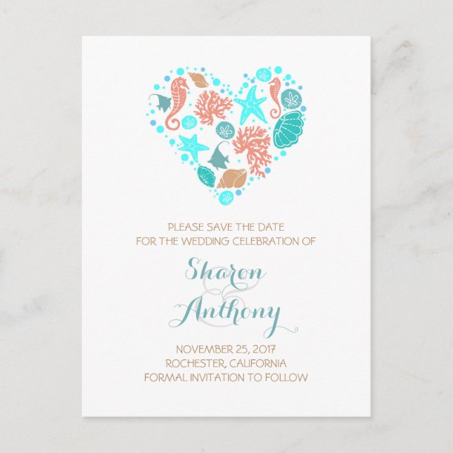 cute seashells heart beach wedding save the date announcement postcard (Front)