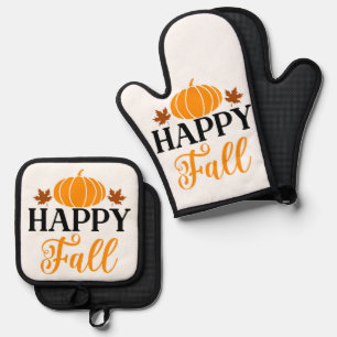 Cute Seasonal Happy Fall Pumpkin Baking Oven Mitt & Pot Holder Set