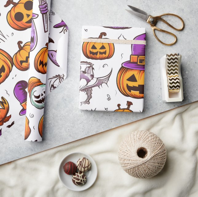Cute Seasonal Orange Purple Fall Pumpkin Halloween Wrapping Paper (Crafts)