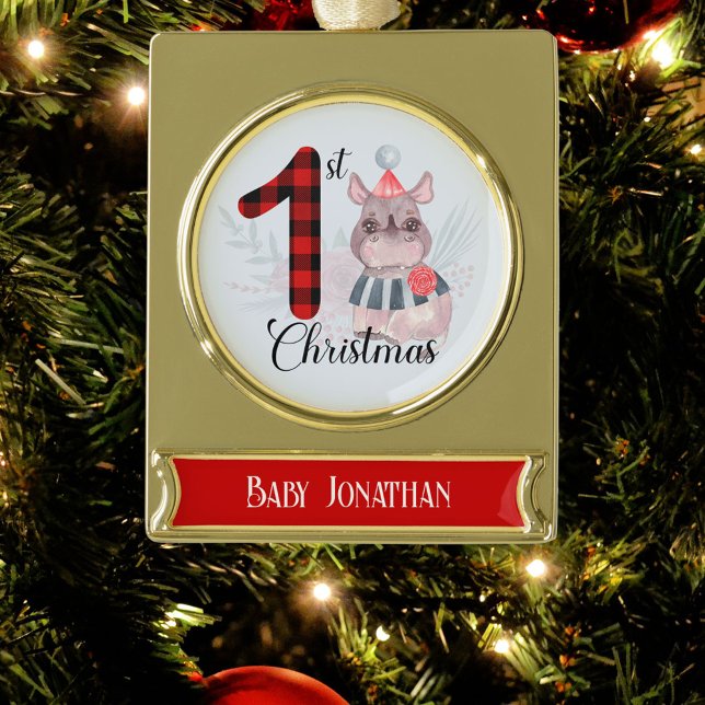 Cute Seasonal Rhino Baby Boy 1st Christmas Plaid Gold Plated Banner Ornament (Creator Uploaded)