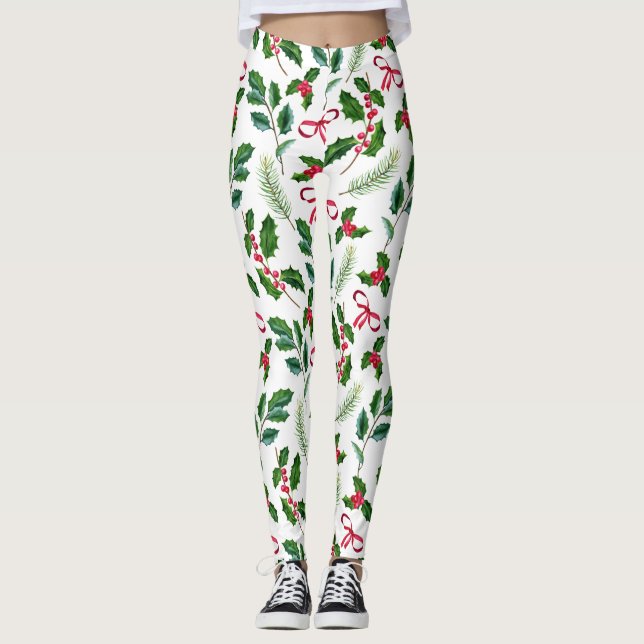 Cute Seasons Greetings Watercolor Greenery Pattern Leggings (Front)