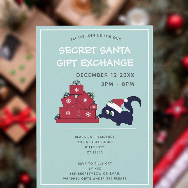 Cute Secret Santa Gift Exchange Party Invitation (Purrfect invitation to send to your cat themed secret Santa gift exchange (I would never swap cats))