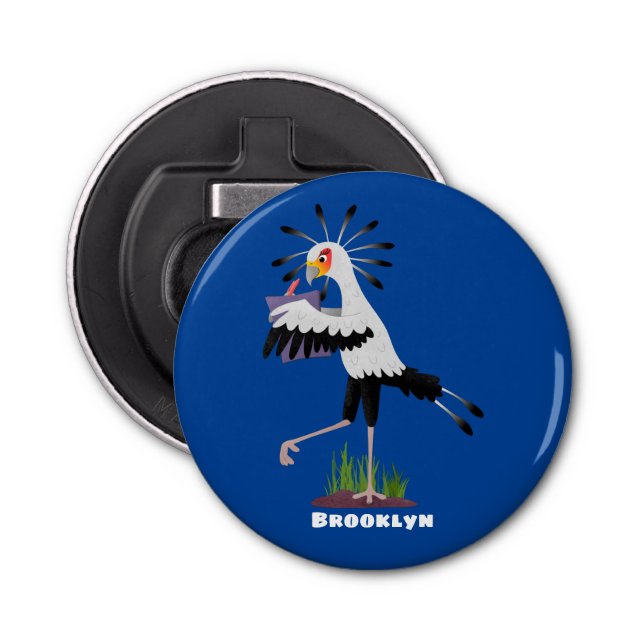 Cute secretary bird writing notes cartoon bottle opener (Front)