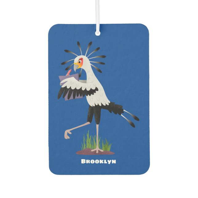 Cute secretary bird writing notes cartoon car air freshener (Front)