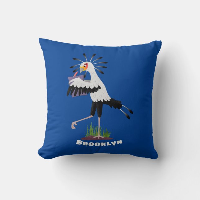 Cute secretary bird writing notes cartoon cushion (Front)
