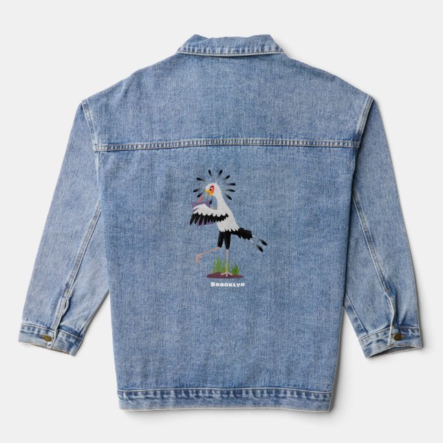 Cute secretary bird writing notes cartoon denim jacket (Back)
