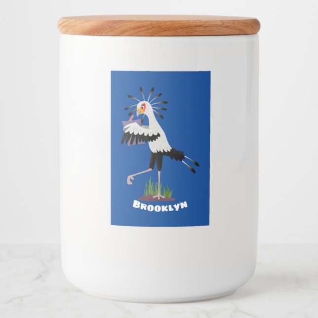Cute secretary bird writing notes cartoon food label (Front)