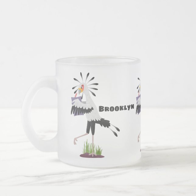 Cute secretary bird writing notes cartoon frosted glass coffee mug (Left)