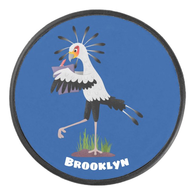 Cute secretary bird writing notes cartoon hockey puck (Front)