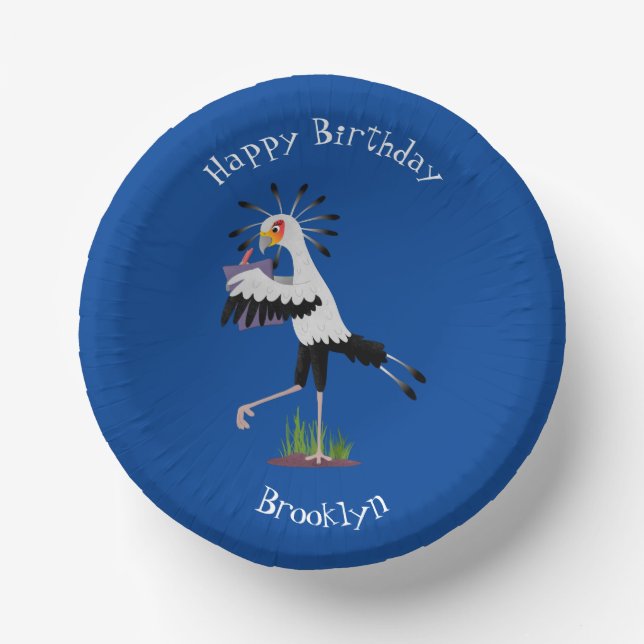 Cute secretary bird writing notes cartoon  paper plate (Front)