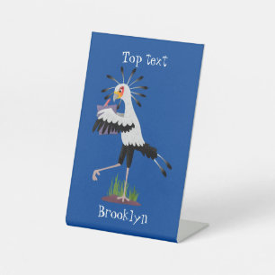 Cute secretary bird writing notes cartoon pedestal sign