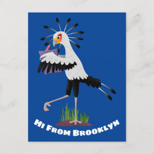 Cute secretary bird writing notes cartoon postcard