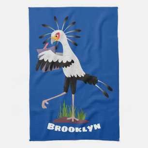 Cute secretary bird writing notes cartoon tea towel